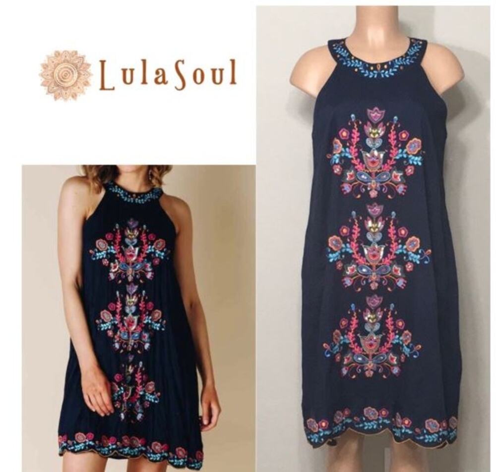 Lula Soul Blue Sundance Halter Dress Embroidered Bohemian Floral Boho Blue M